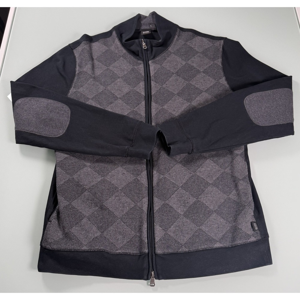 Boss Hugo Boss Gray Argyle Cotton Blend Mens Full Zip Jacket - XL